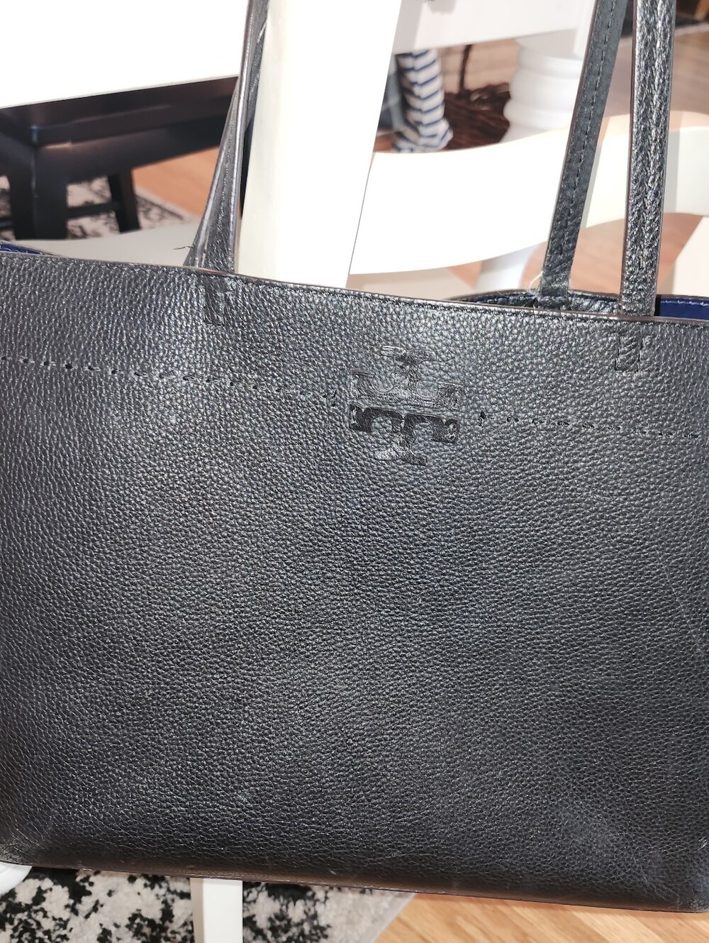 Tory Burch Black Pebbled Leather Tote with Embossed Logo